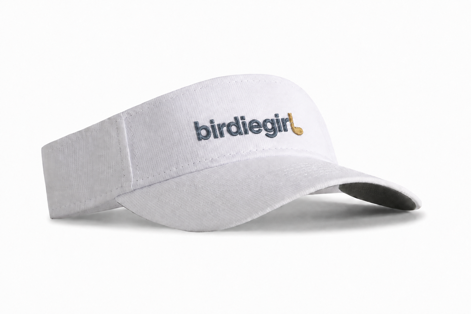 A white visor-style hat with the text 'birdiegirl' embroidered on the front in light blue with a terracotta golf club.