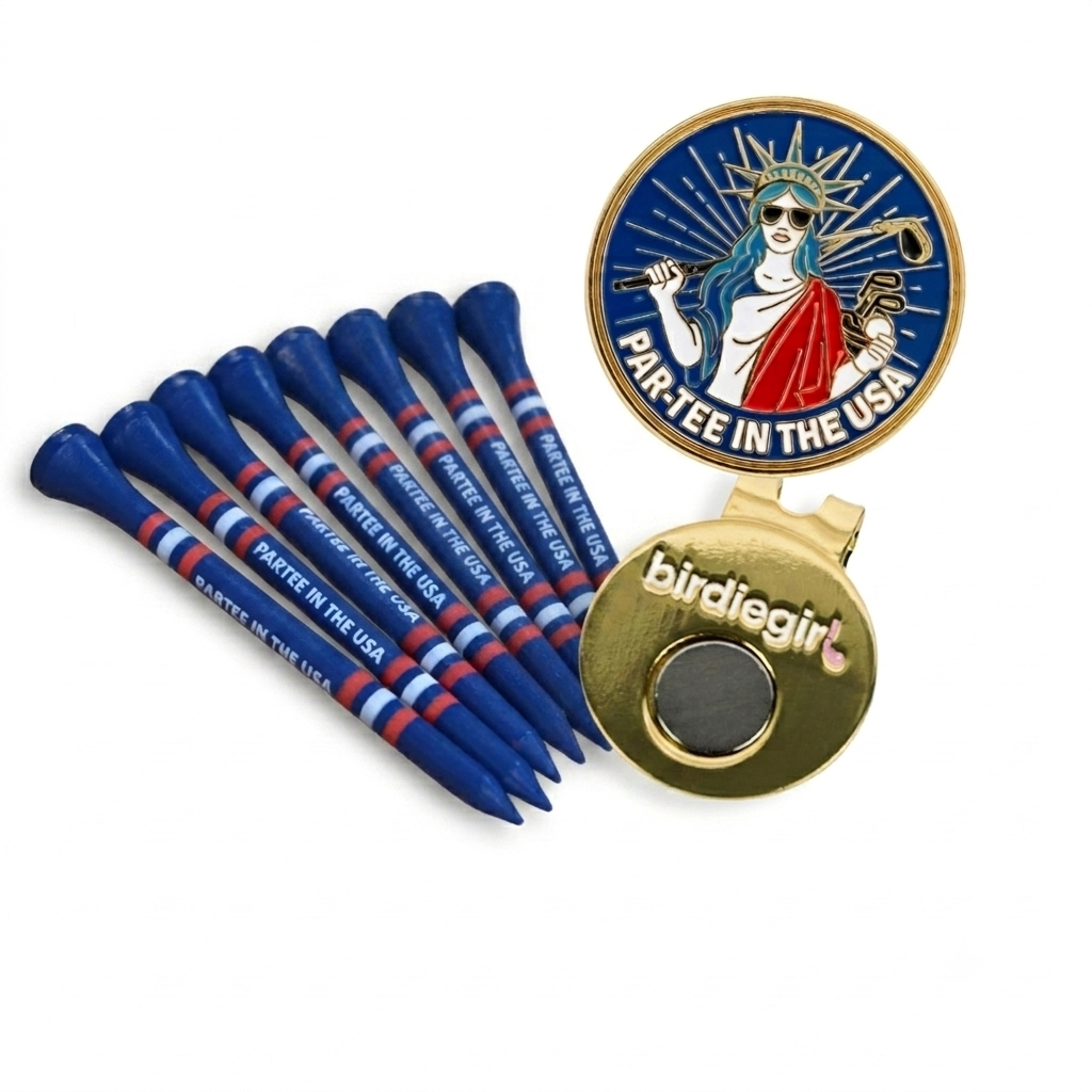 A patriotic ball marker and golf tee set