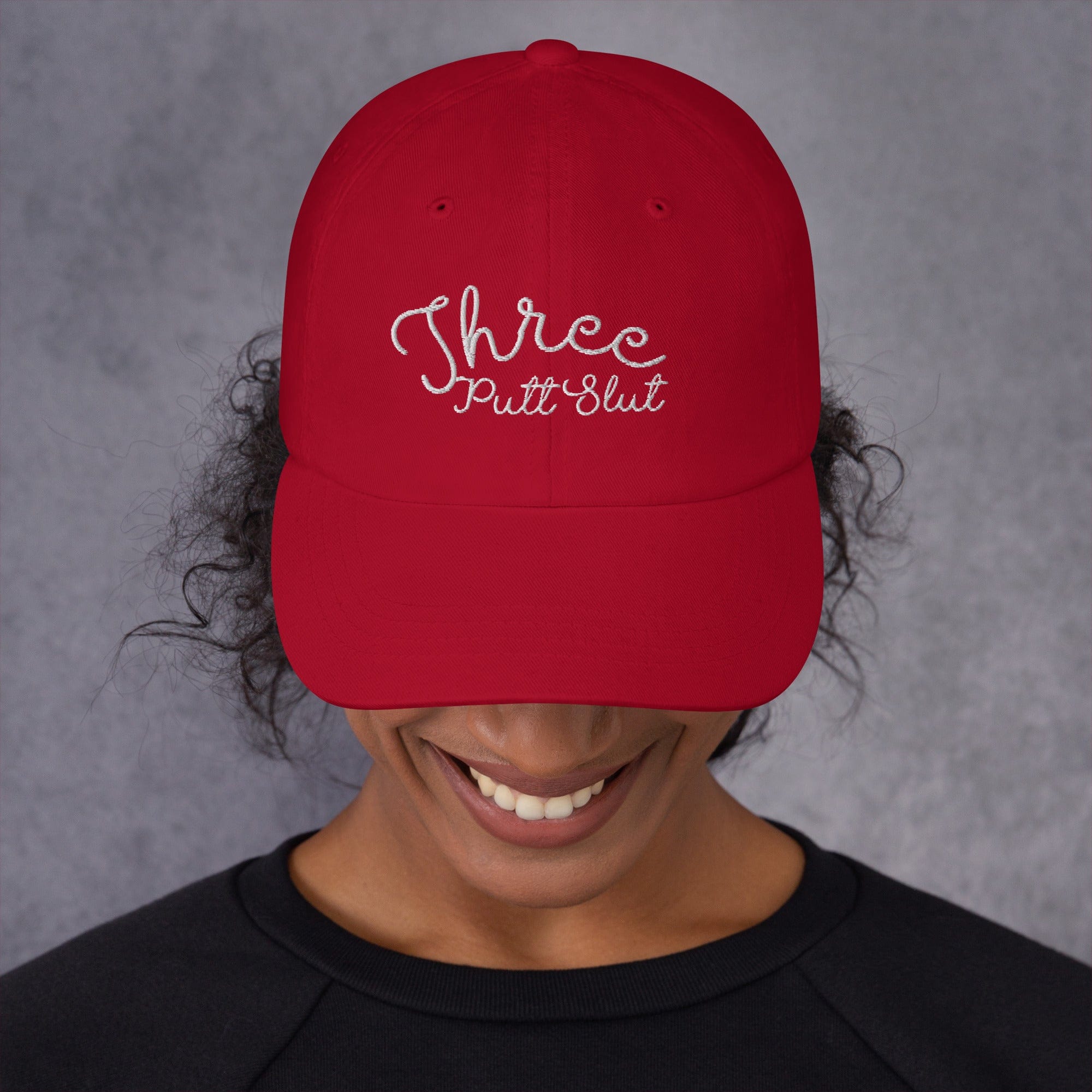 in Cranberry Three Putt Slut Dad hat by Birdie Girl Golf