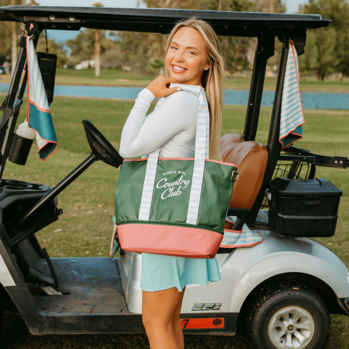 Golf Bags in Country Club Stripe Women's Golf Cart Tote Bag by Birdie Girl Golf