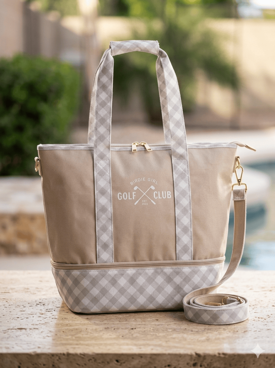 Golf Bags in Gingham Neutral Women's Golf Cart Tote Bag by Birdie Girl Golf