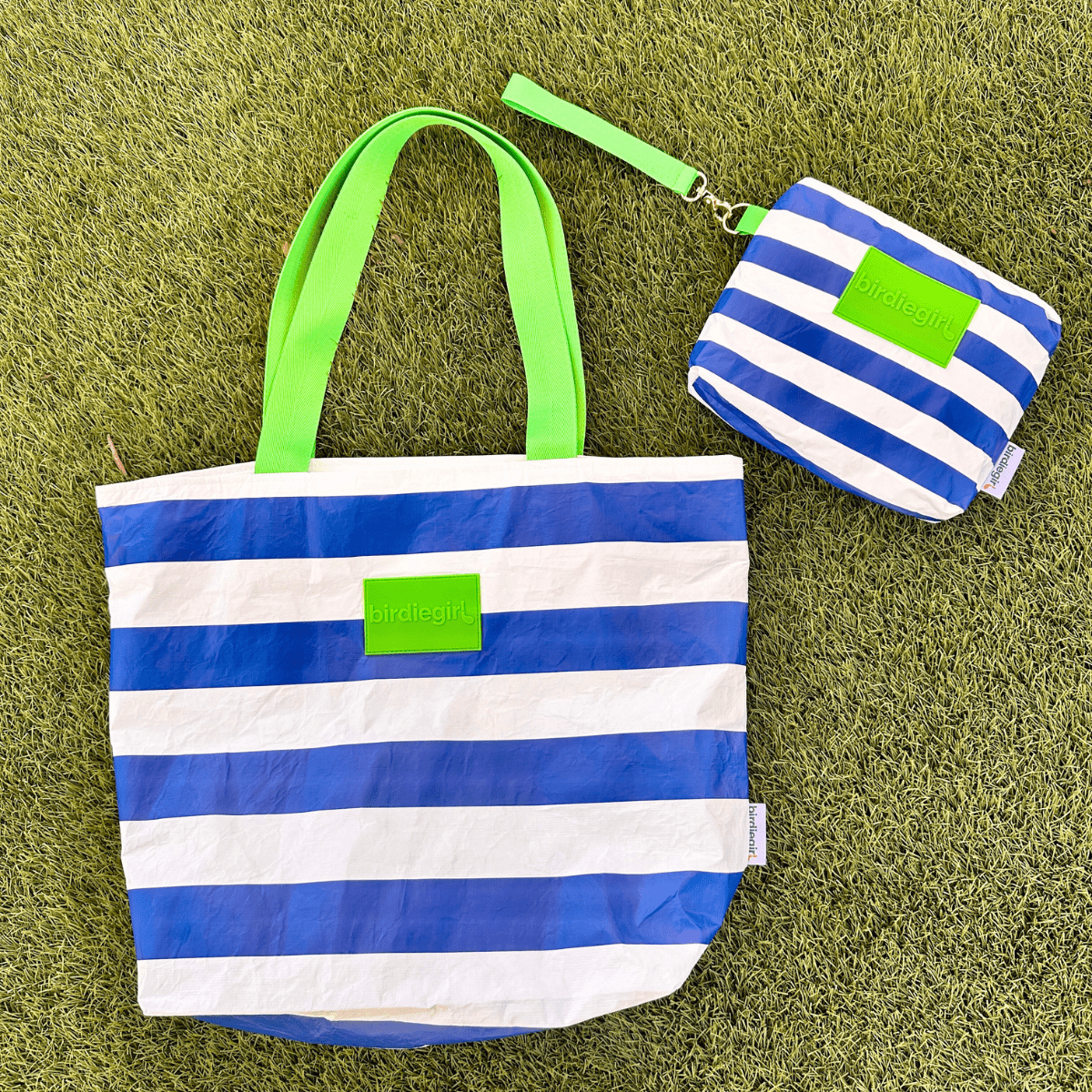 Golf Bags in Set of 2: Navy Stripe Women's Golf Tote Bag and Accessories Bag by Birdie Girl Golf