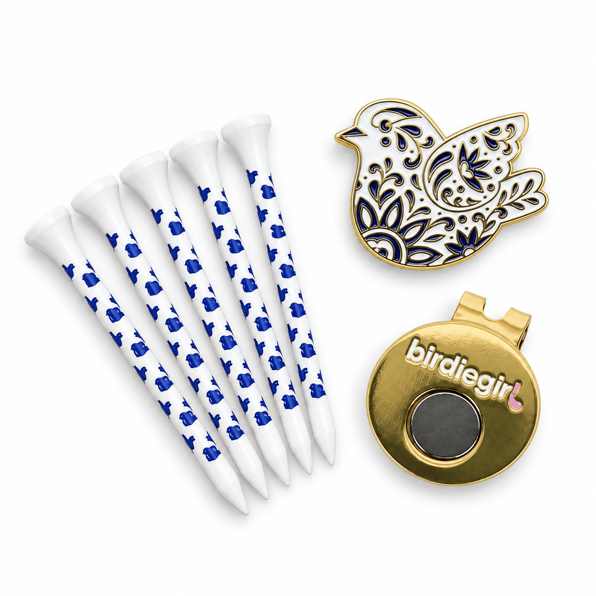 Golf Ball Markers in BlueBirdie Ball Marker + Hat Clip + Tee Set by Birdie Girl Golf
