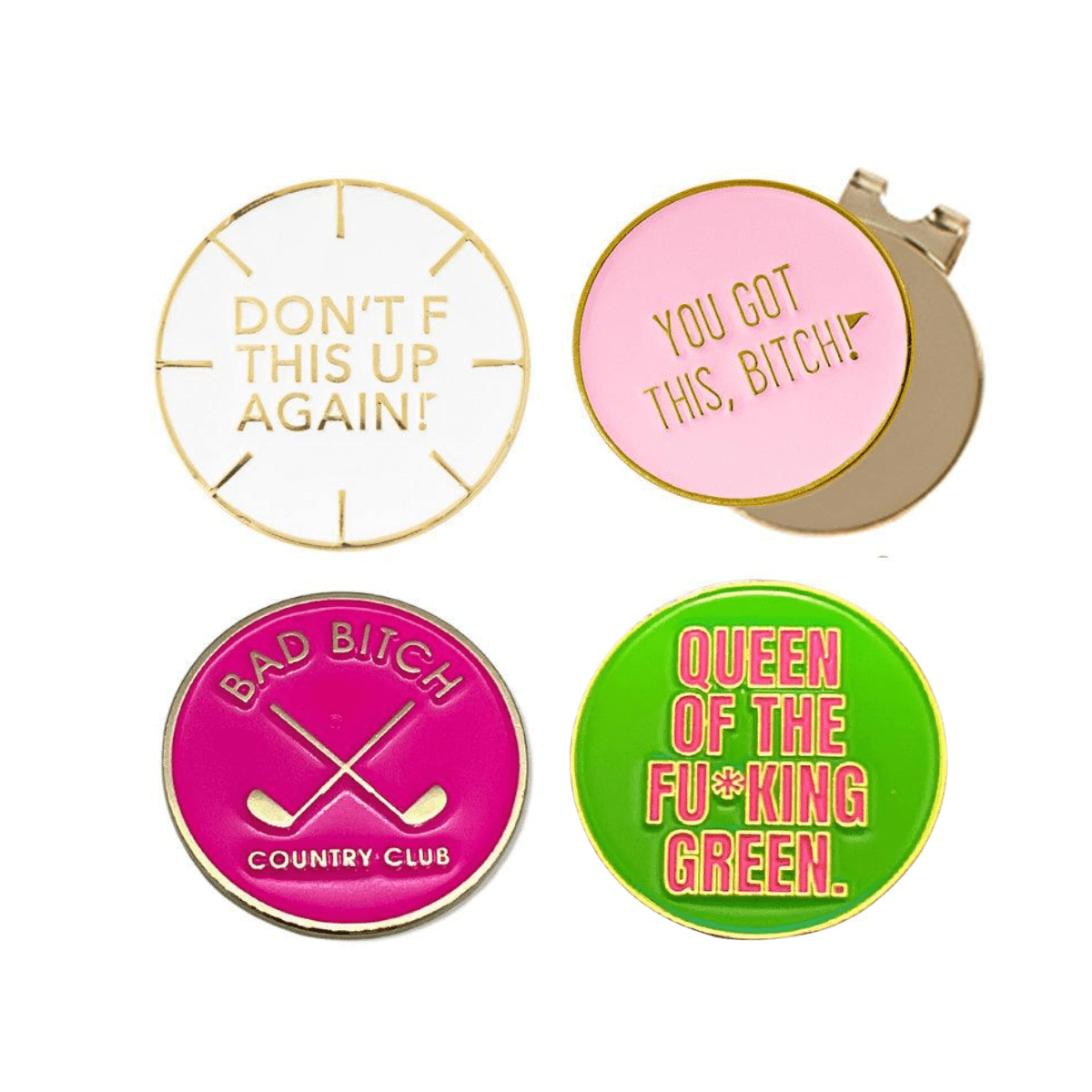 Golf Ball Markers in Feisty Women's Golf Ball Marker Collection (set of 4) with Hat Clip by Birdie Girl Golf