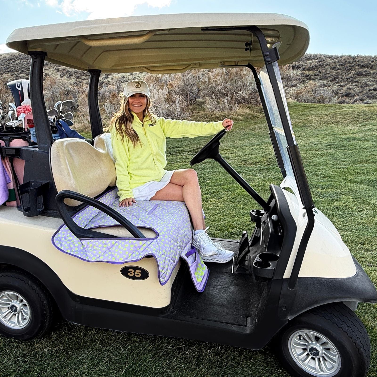 Golf Cart Seat Covers in Lilac Leopard Reversible Golf Cart Seat Cover by Birdie Girl Golf