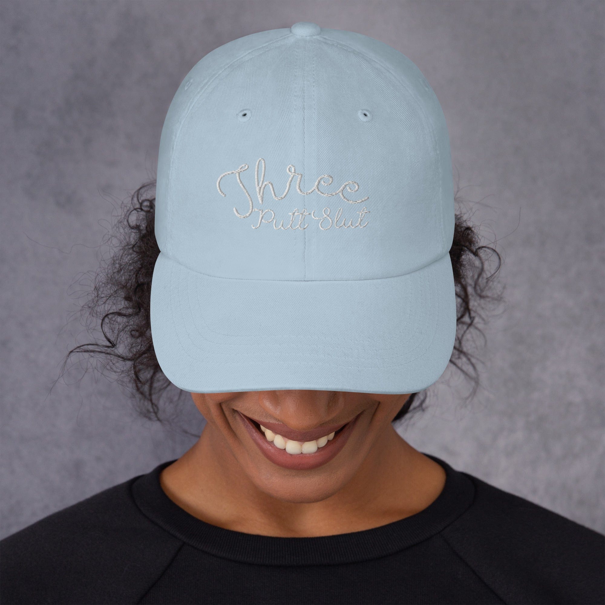 in Light Blue Three Putt Slut Dad hat by Birdie Girl Golf