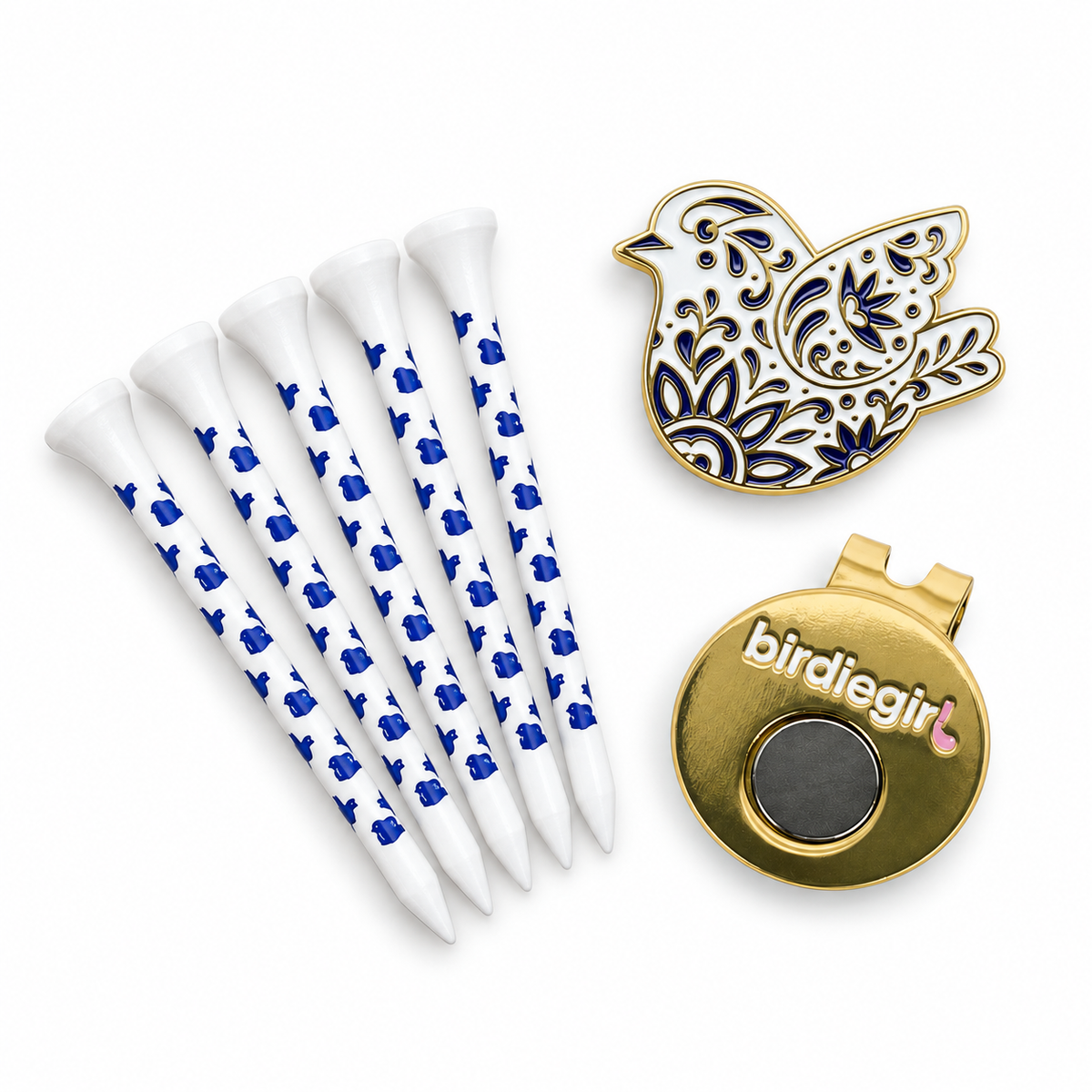 blue birdie ball marker and golf tees