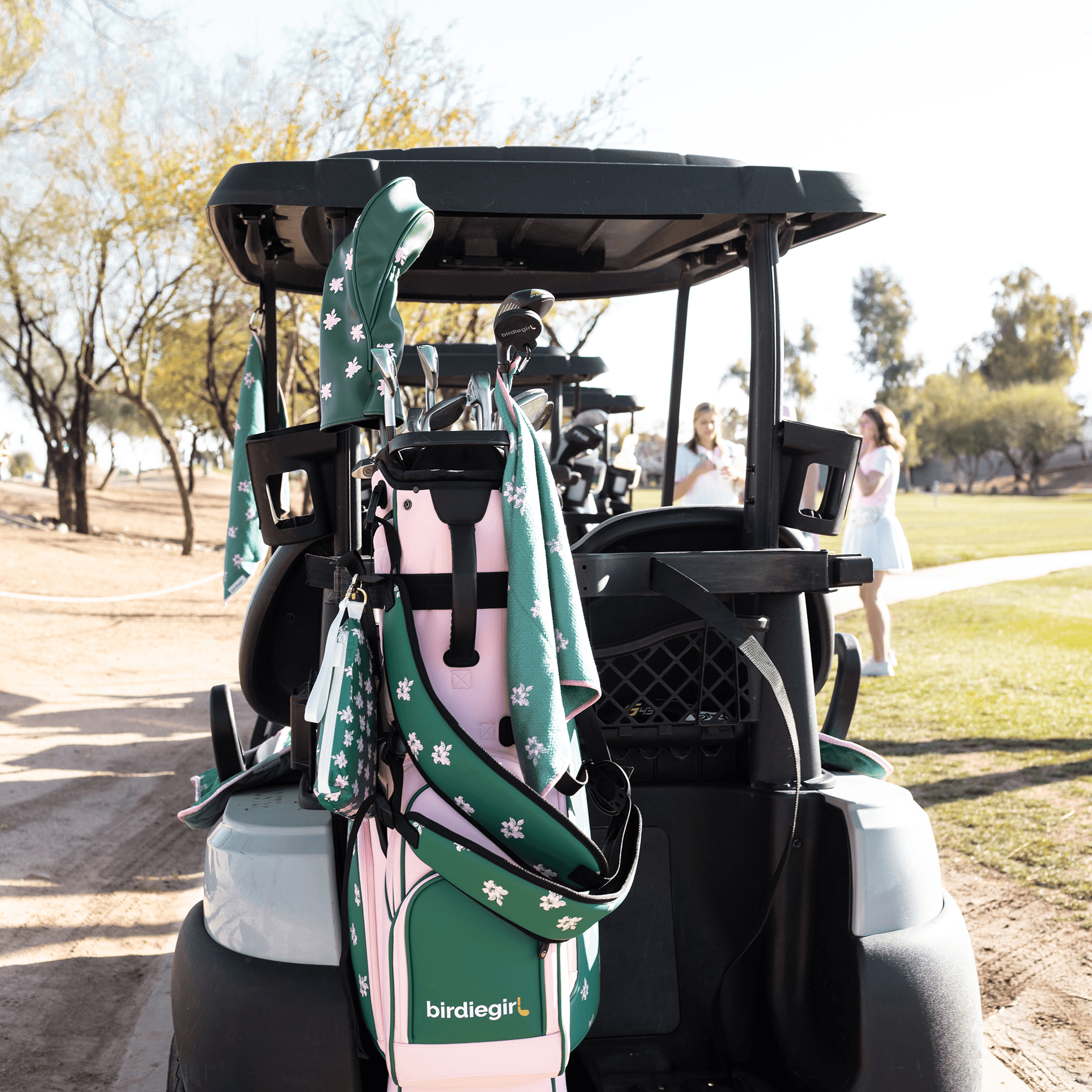 A pink and green BirdieGirl golf bag with matching green and white patterned towels and accessories, shown in a golf cart on a sunny outdoor course with two women in the background.
