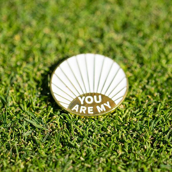 Golf Ball Markers in Gold and White You are My Sunshine Alignment Golf Ball Marker with Hat Clip by Birdie Girl Golf