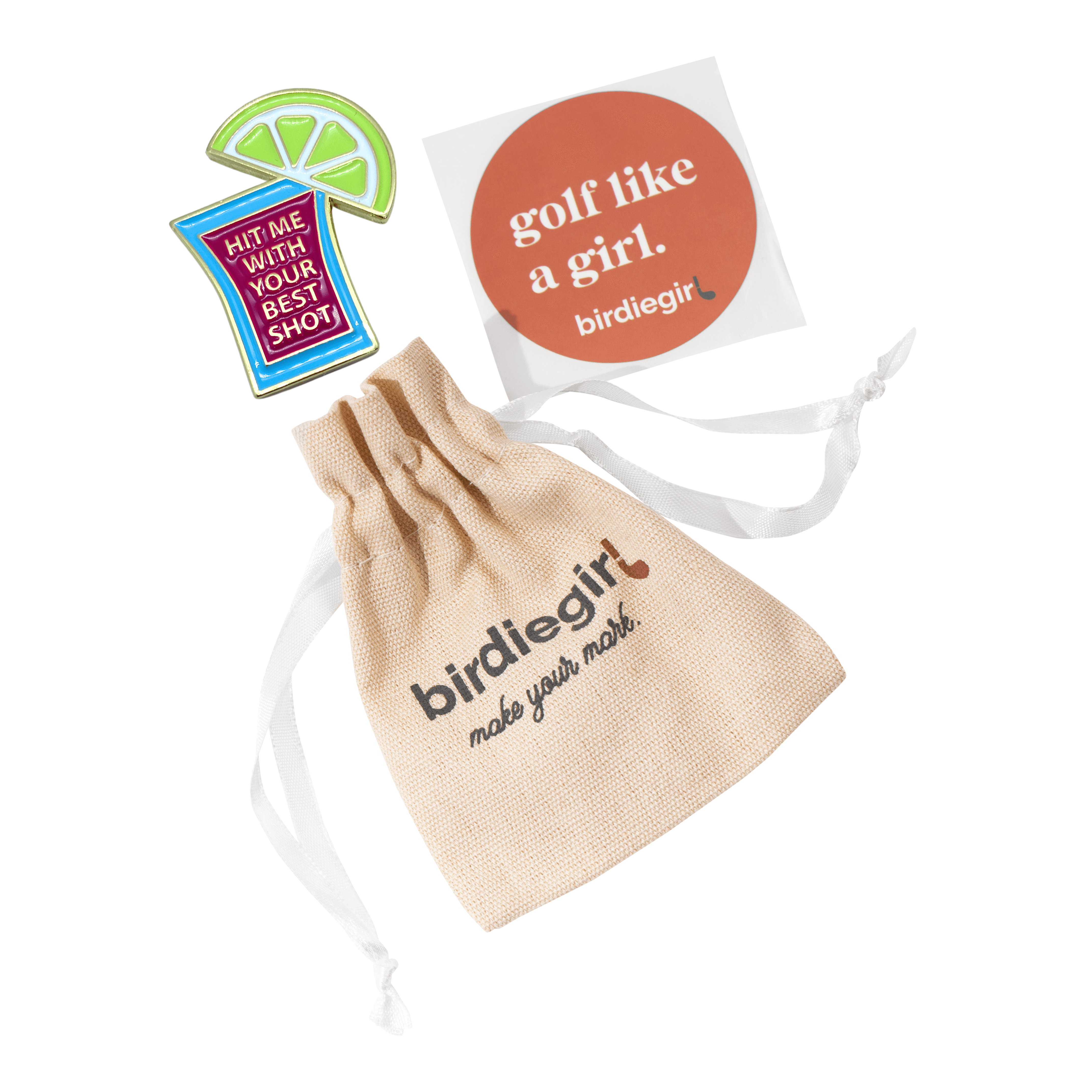 Golf Ball Markers in Gold Hit Me With Your Best Shot Women's Golf Ball Marker with Hat Clip by Birdie Girl Golf