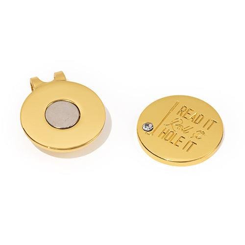 Golf Ball Markers in Gold Read it, Roll it, Hole it Golf Ball Marker with Hat Clip by Birdie Girl Golf