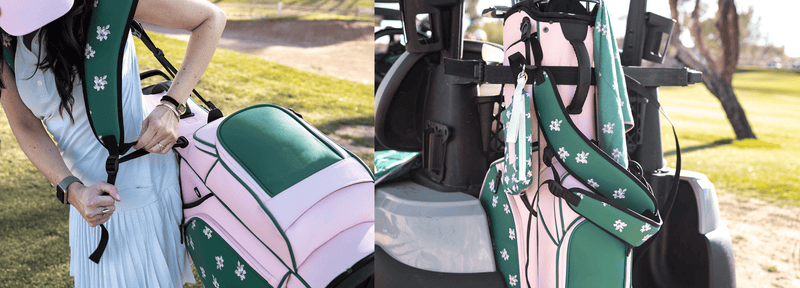 girl wearing golf bag