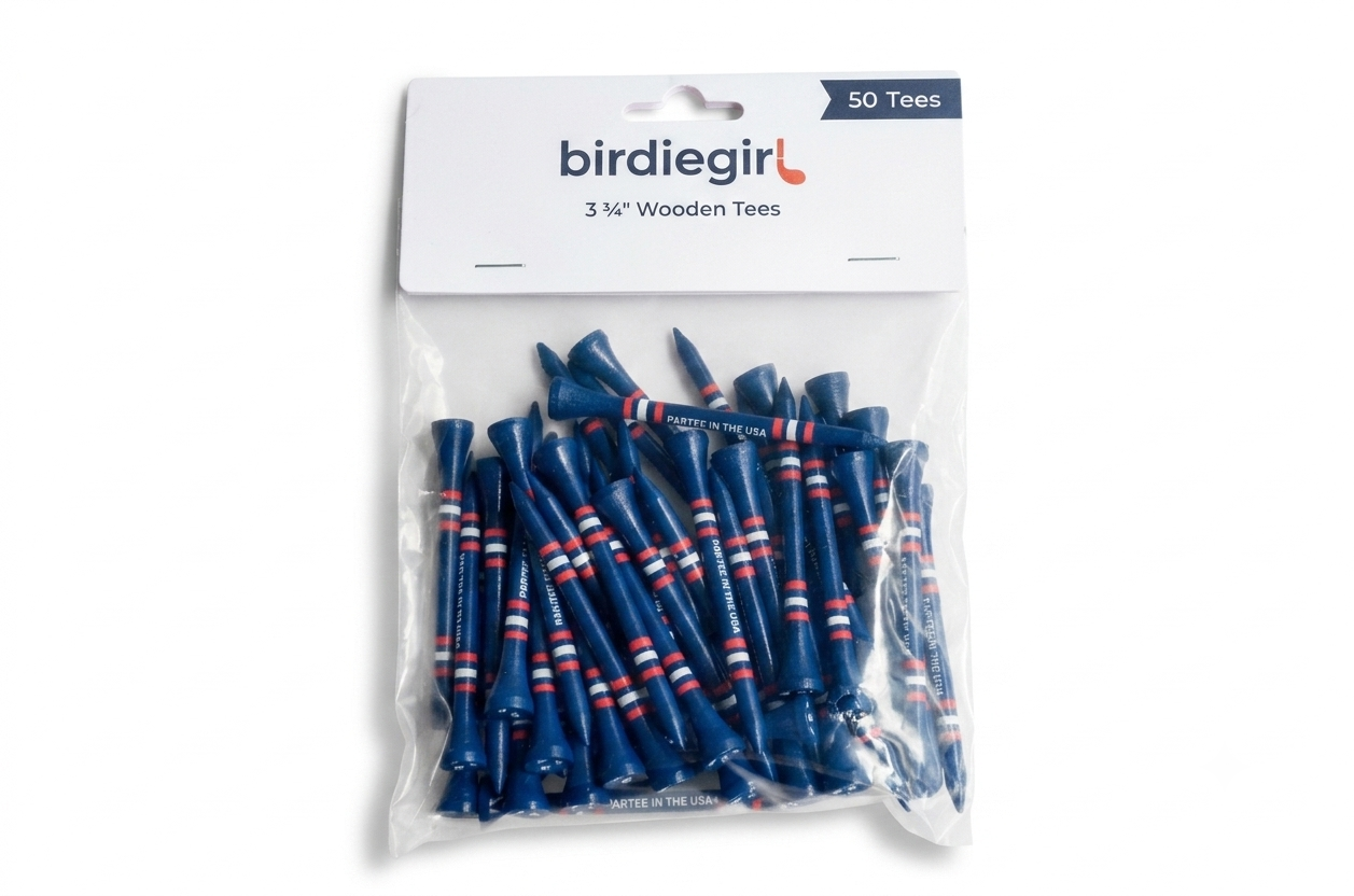 Pack of blue golf tees with red and white stripes, branded 'birdiegirl', on a white background.