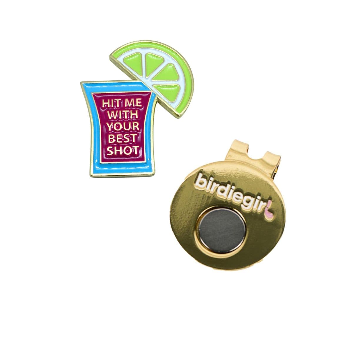 Golf Ball Markers in Gold Hit Me With Your Best Shot Women's Golf Ball Marker with Hat Clip by Birdie Girl Golf