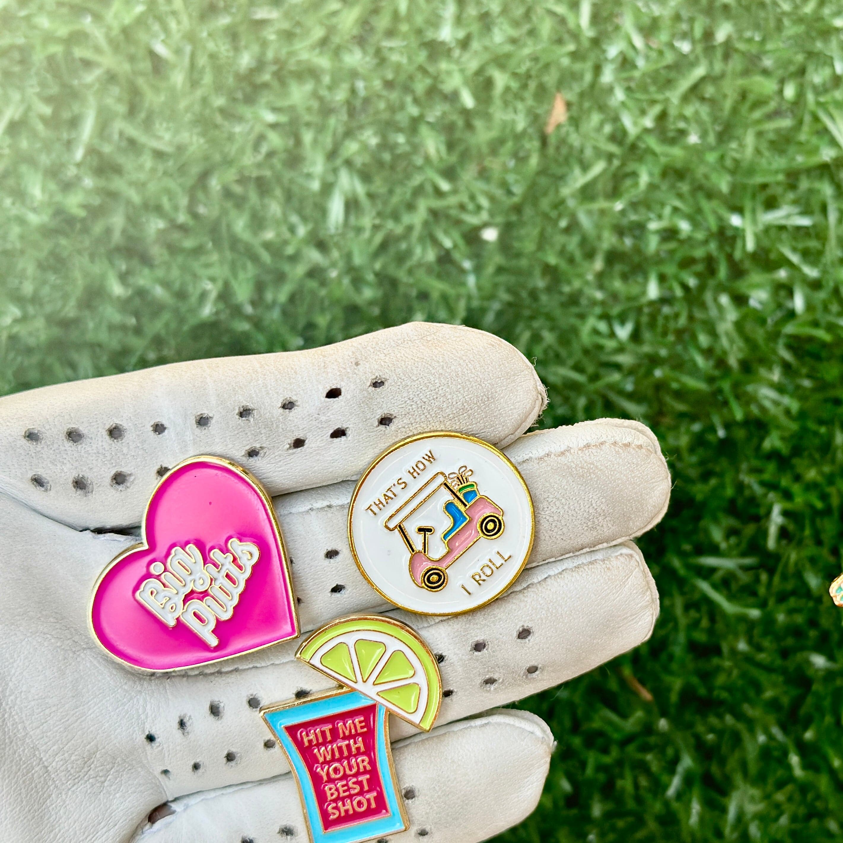 Golf Ball Markers in Gold Hit Me With Your Best Shot Women's Golf Ball Marker with Hat Clip by Birdie Girl Golf