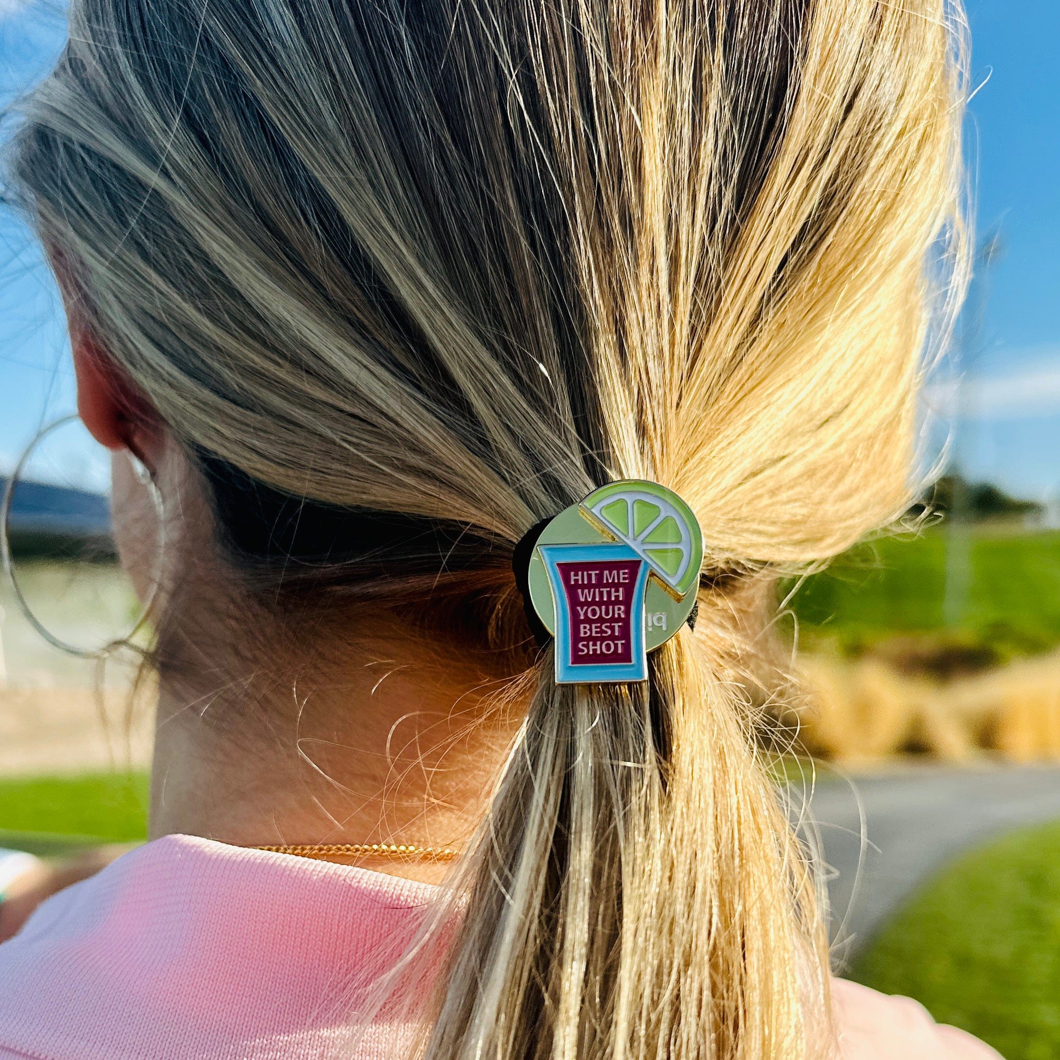 Golf Ball Markers in Gold Hit Me With Your Best Shot Women's Golf Ball Marker with Hat Clip by Birdie Girl Golf