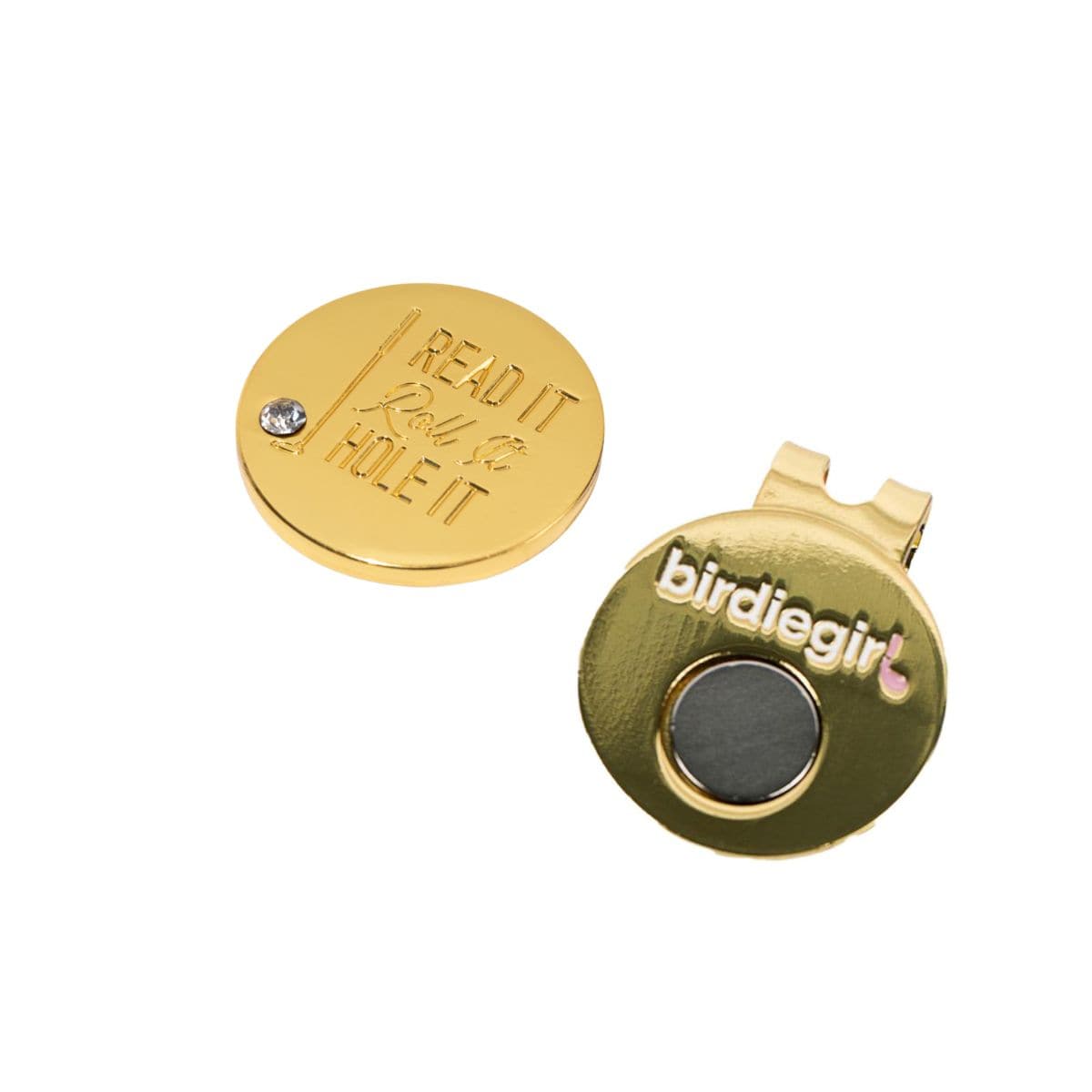 Golf Ball Markers in Gold Read it, Roll it, Hole it Golf Ball Marker with Hat Clip by Birdie Girl Golf