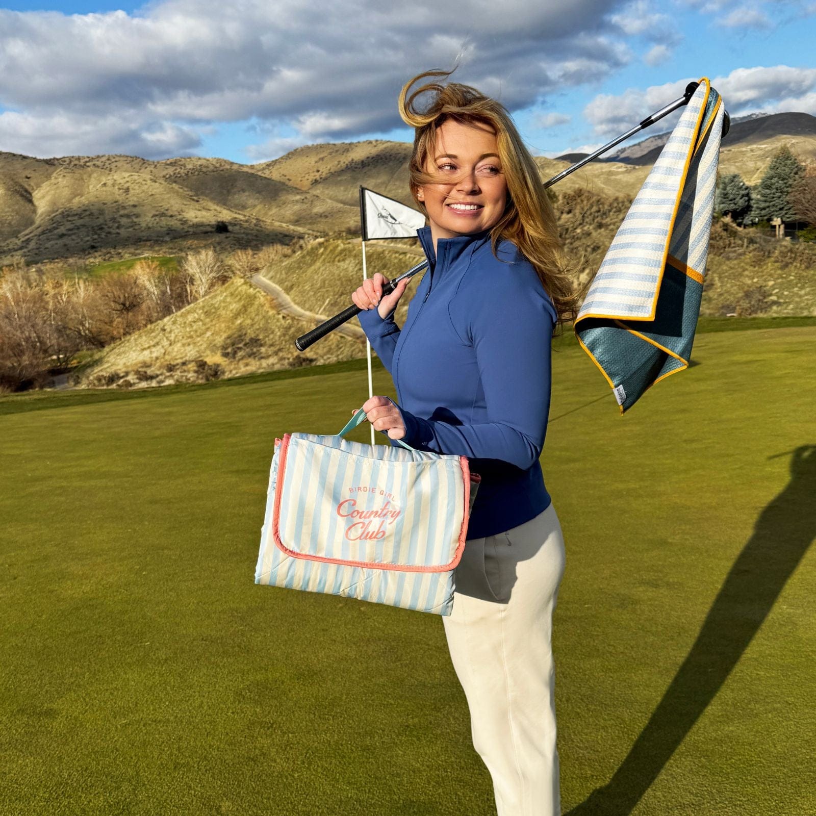 Golf Cart Seat Covers in Country Club Stripe Reversible Golf Cart Seat Cover (Blue Stripe + Coral Trim) by Birdie Girl Golf