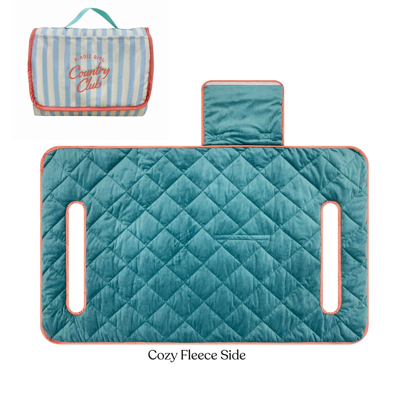 Golf Cart Seat Covers in Country Club Stripe Reversible Golf Cart Seat Cover (Blue Stripe + Coral Trim) by Birdie Girl Golf