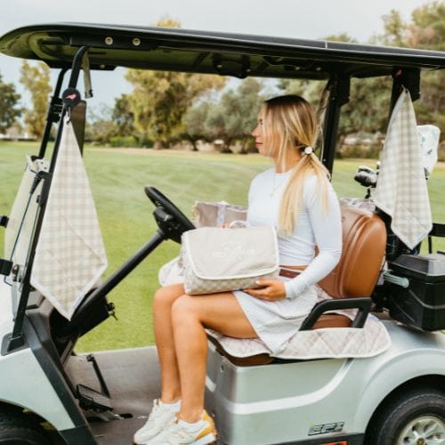 Golf Cart Seat Covers in Gingham Neutral Golf Cart Seat Cover by Birdie Girl Golf