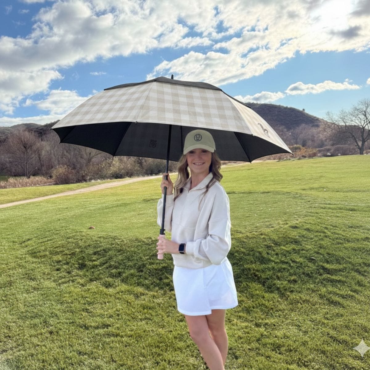 in Women’s Golf Umbrella – Neutral Gingham by Birdie Girl Golf