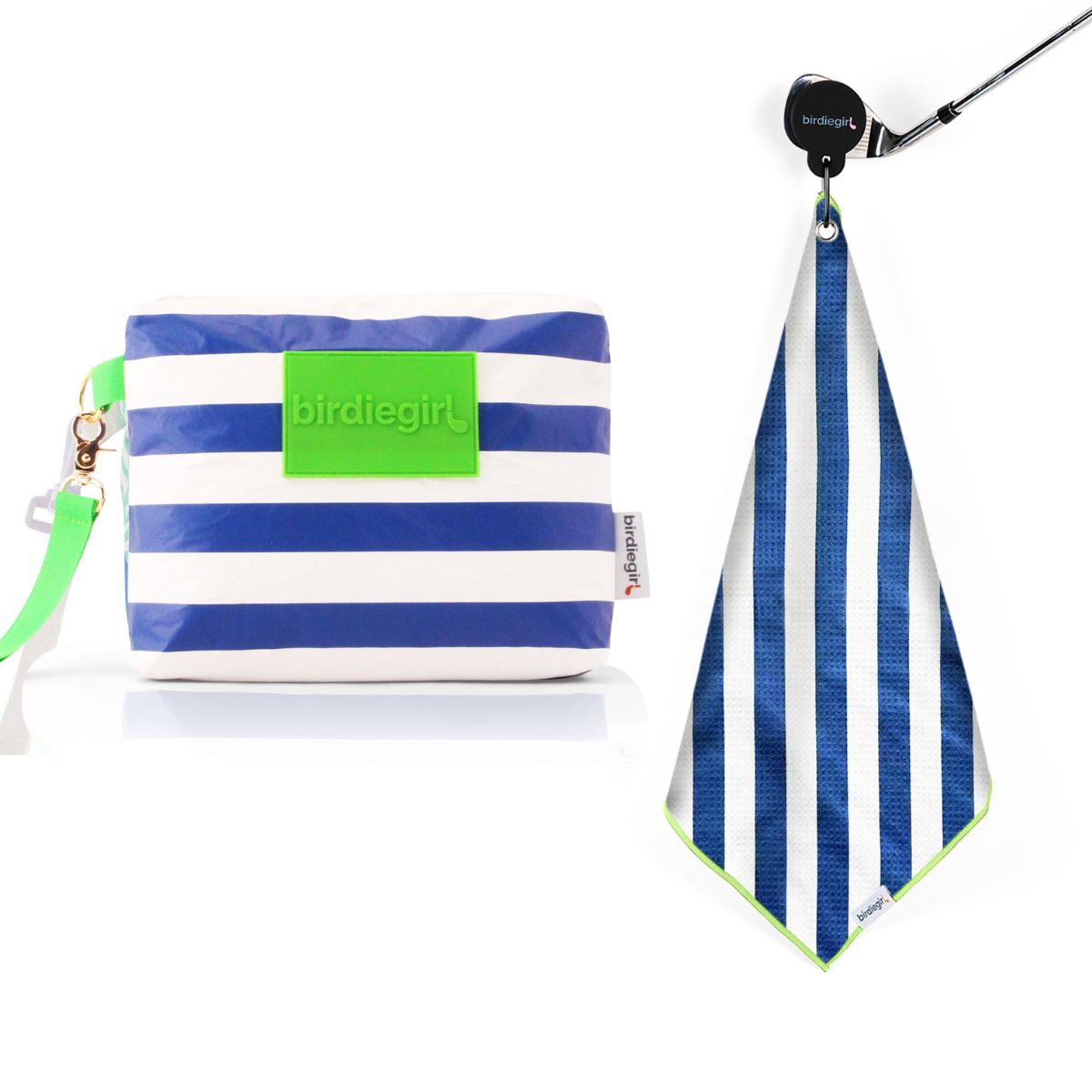 Birdie Girl navy stripe golf towel and accessory bag set on a golf cart